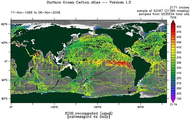 carte des mesures de CO2 océanique